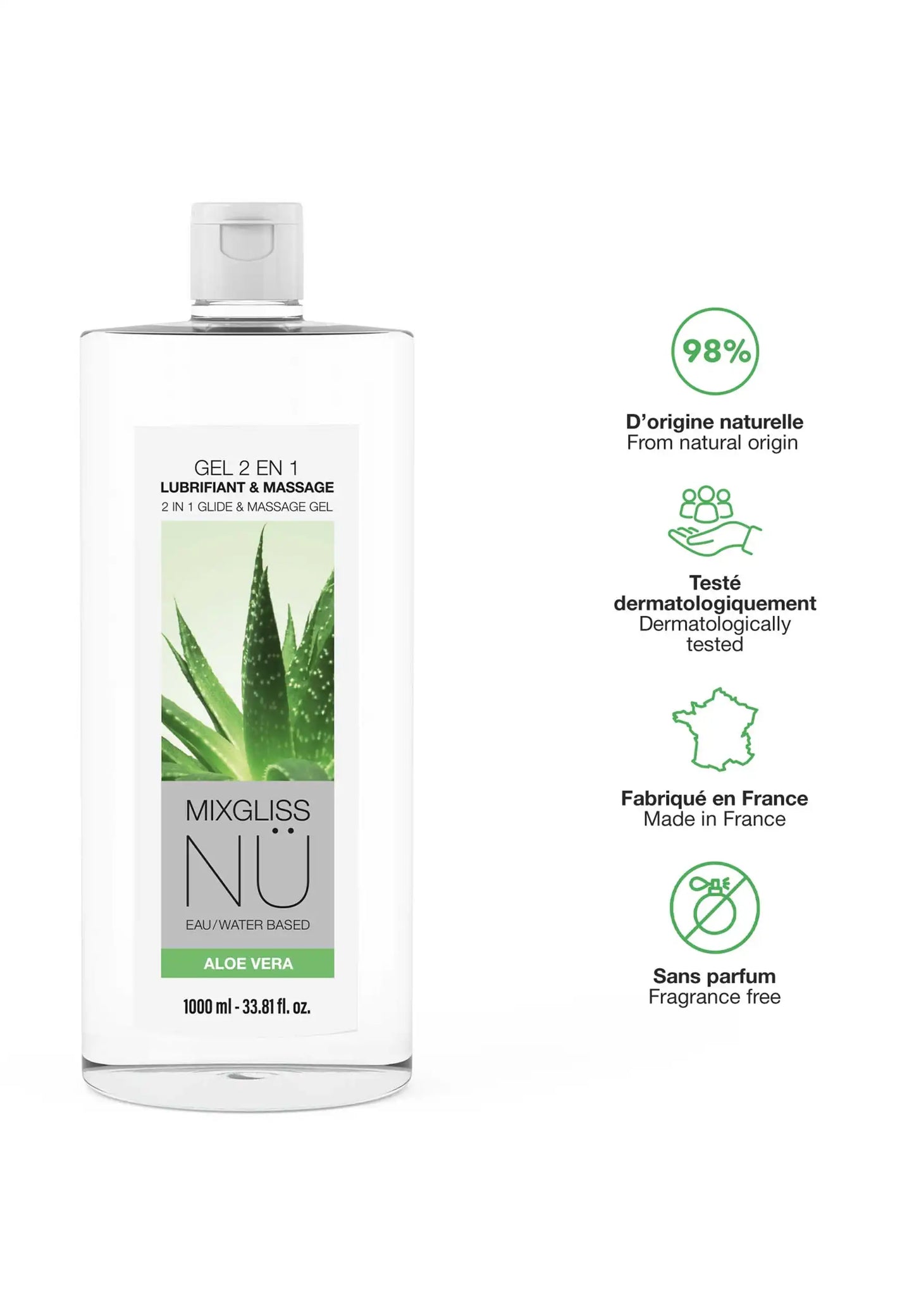 Gel 2 en 1 Lubrifiant & Massage Mixgliss Nü - Aloe vera 1000ml